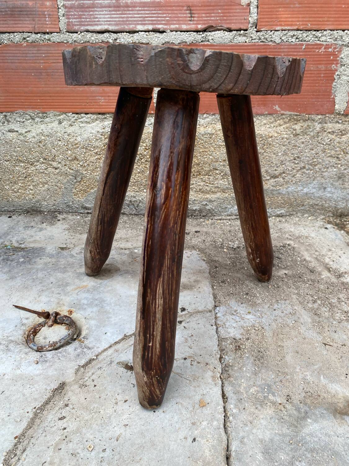 Tabouret de Traite Ancien Tripode Bois Brut Art Populaire Vintage #C60