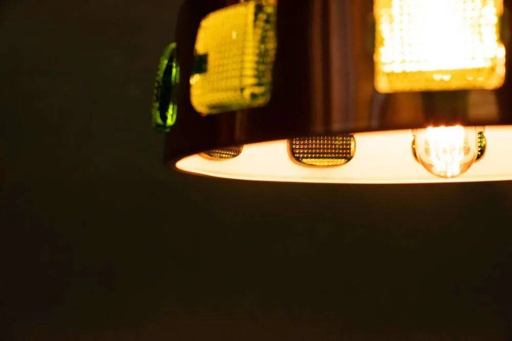 Space Age hanging lamp in coloured glass, vintage Scandinavian lamp.