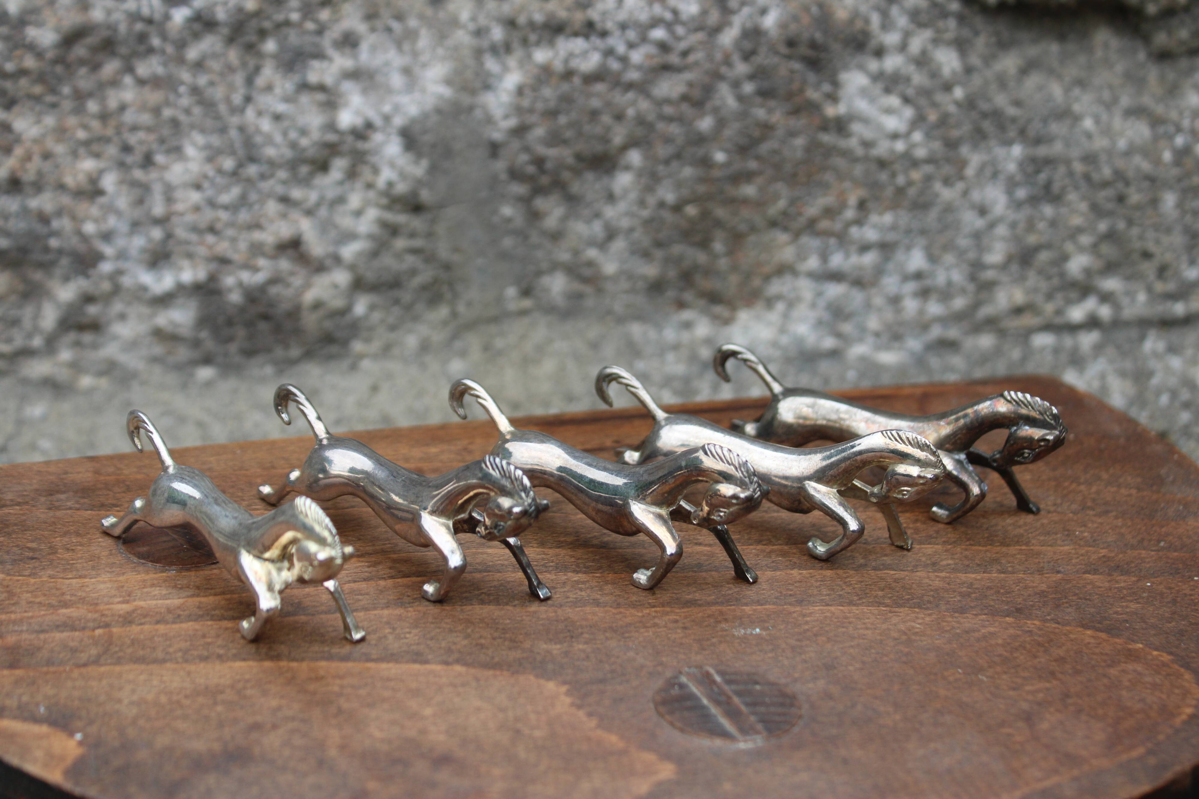 Set of 5 vintage silver metal horse knife rests