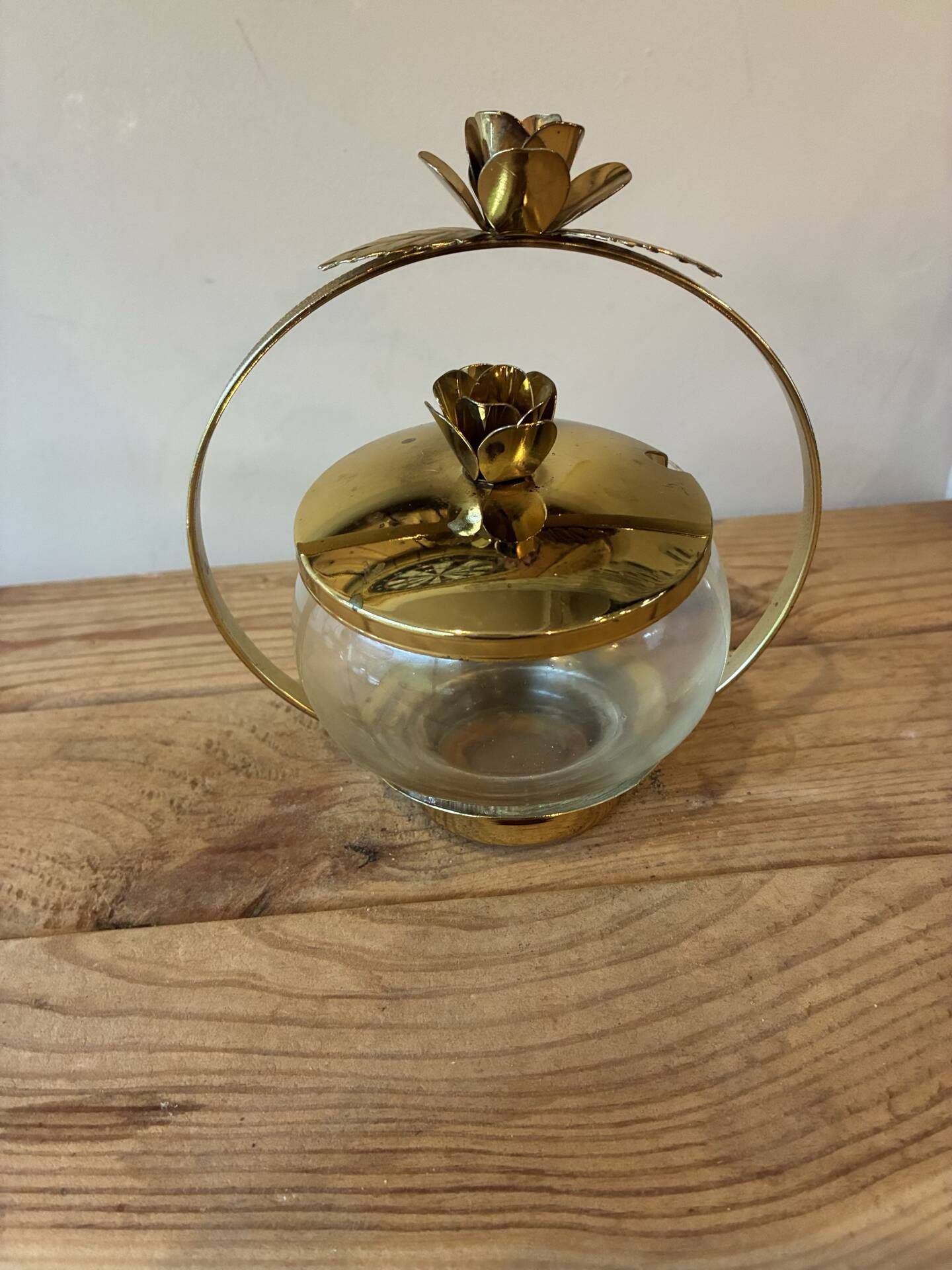 Vintage glass & gilded brass sweet jar / bonbonnière – Rose decor