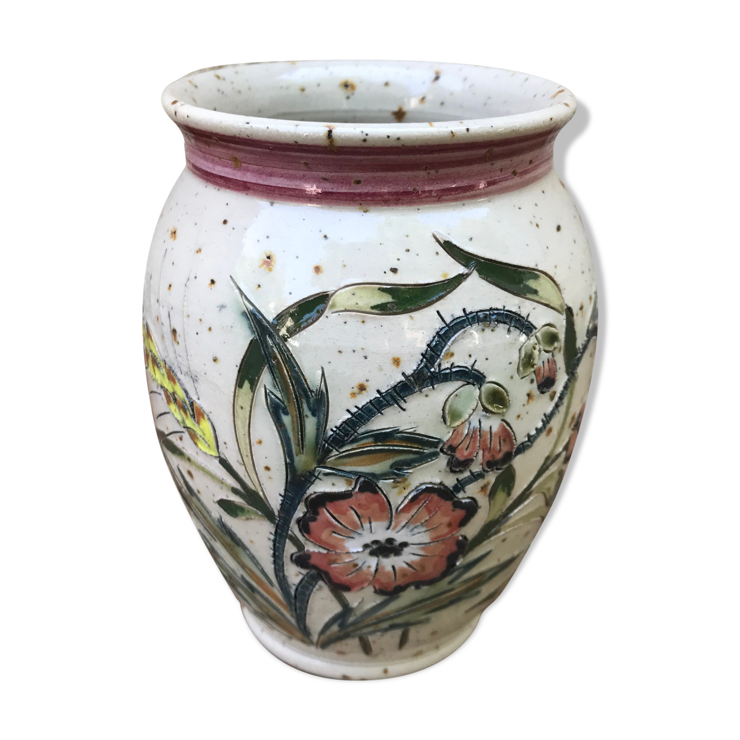 Ancient vase grès Alsace Graessel beige décor chislé made in France vintage