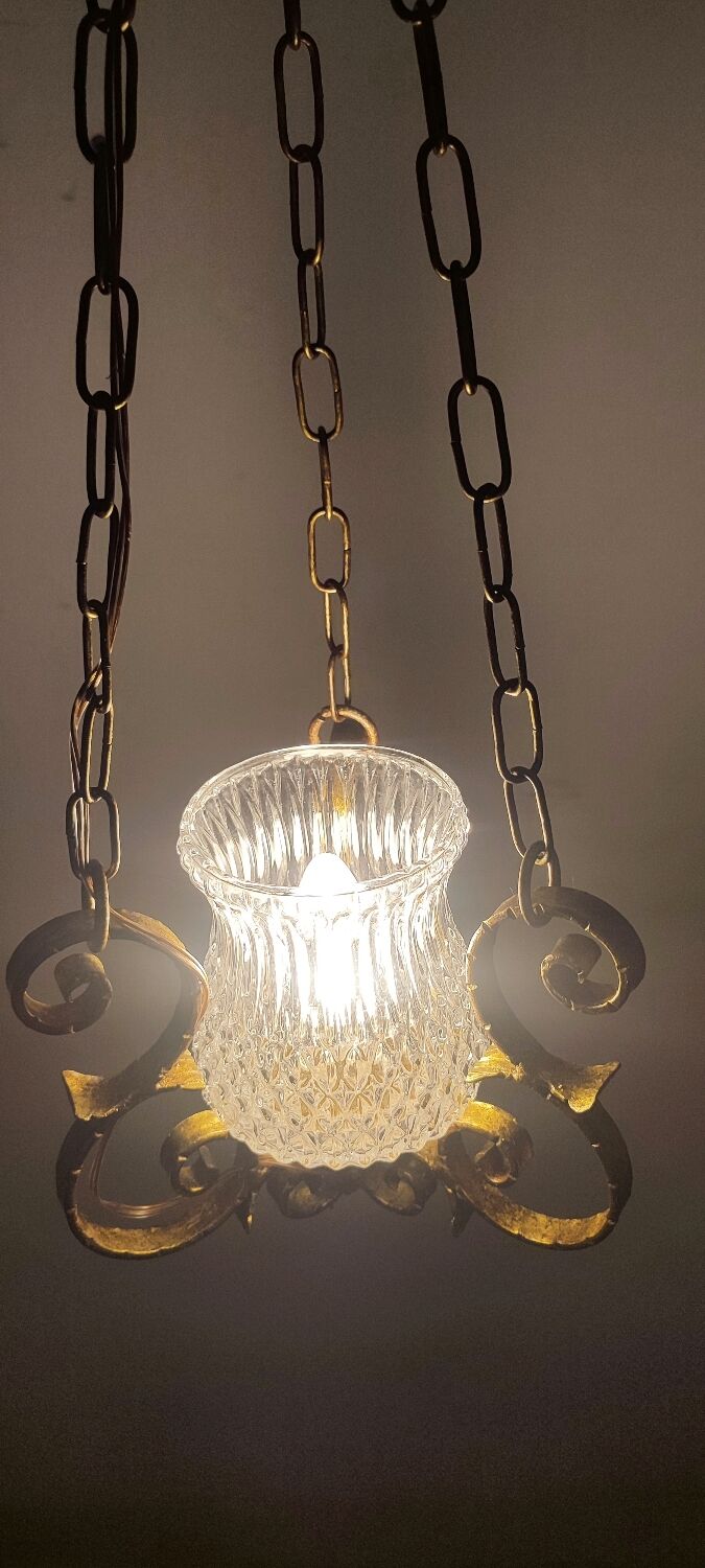 Ceiling lamp wrought iron and glass Spain, 1970s