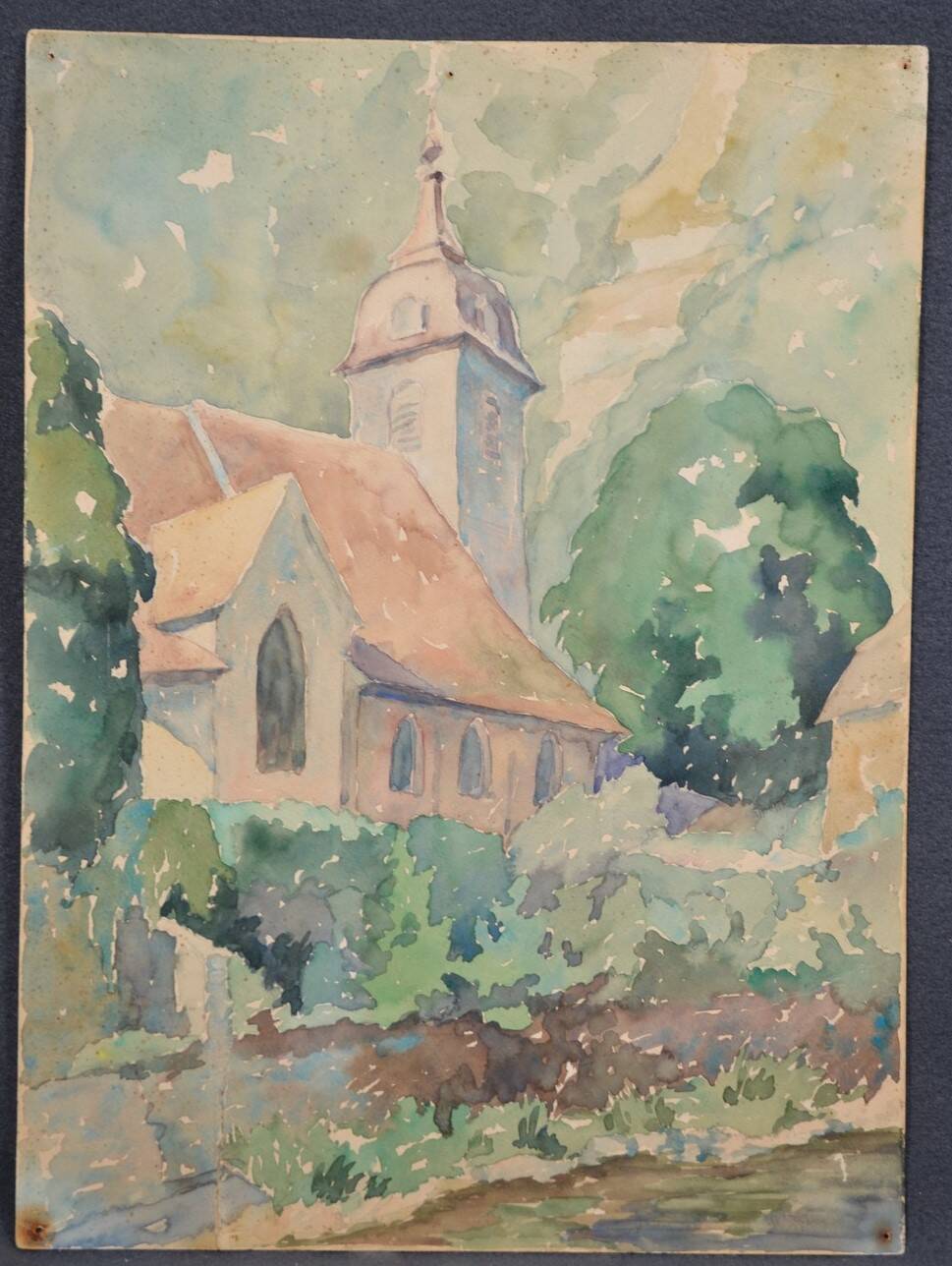 French school 20th century "the village church" watercolor, dated 1944