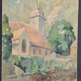 Ecole française XXème siècle "l'église du village" aquarelle, datée 1944