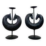 Pair of Brutalist Zoomorphic Candlesticks, Wrought Iron