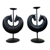 Pair of Brutalist Zoomorphic Candlesticks, Wrought Iron