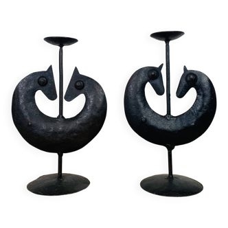 Pair of Brutalist Zoomorphic Candlesticks, Wrought Iron