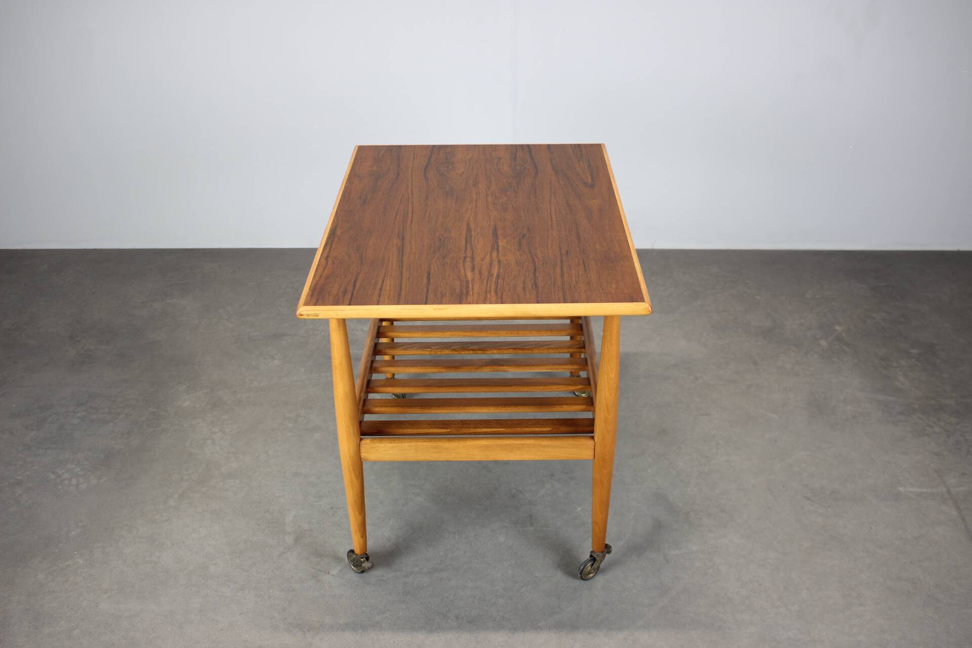 Restored Danish teak rolling table with shelf, 1960s