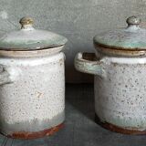 Duo of potter's pots covered in vintage glazed stoneware