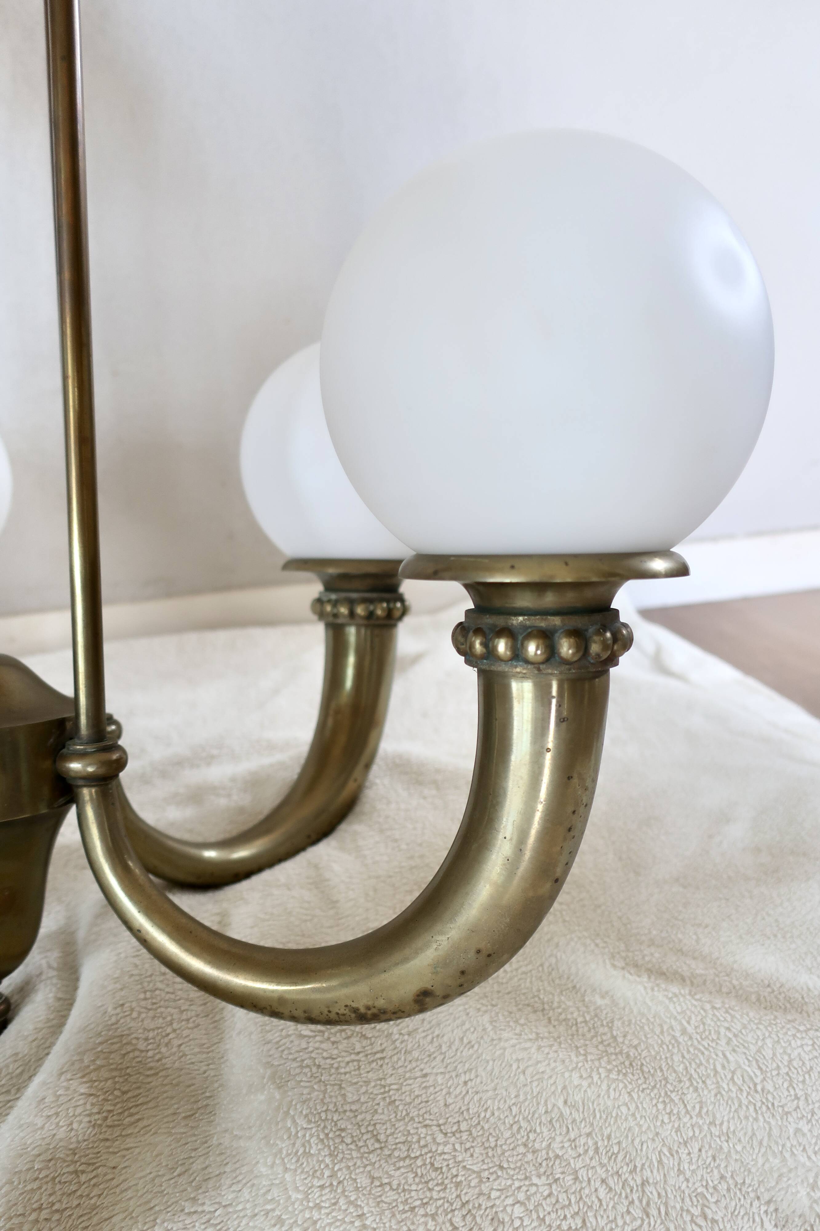 Art Deco chandelier in bronze and opaline by Jean Pascaud, 1940s.