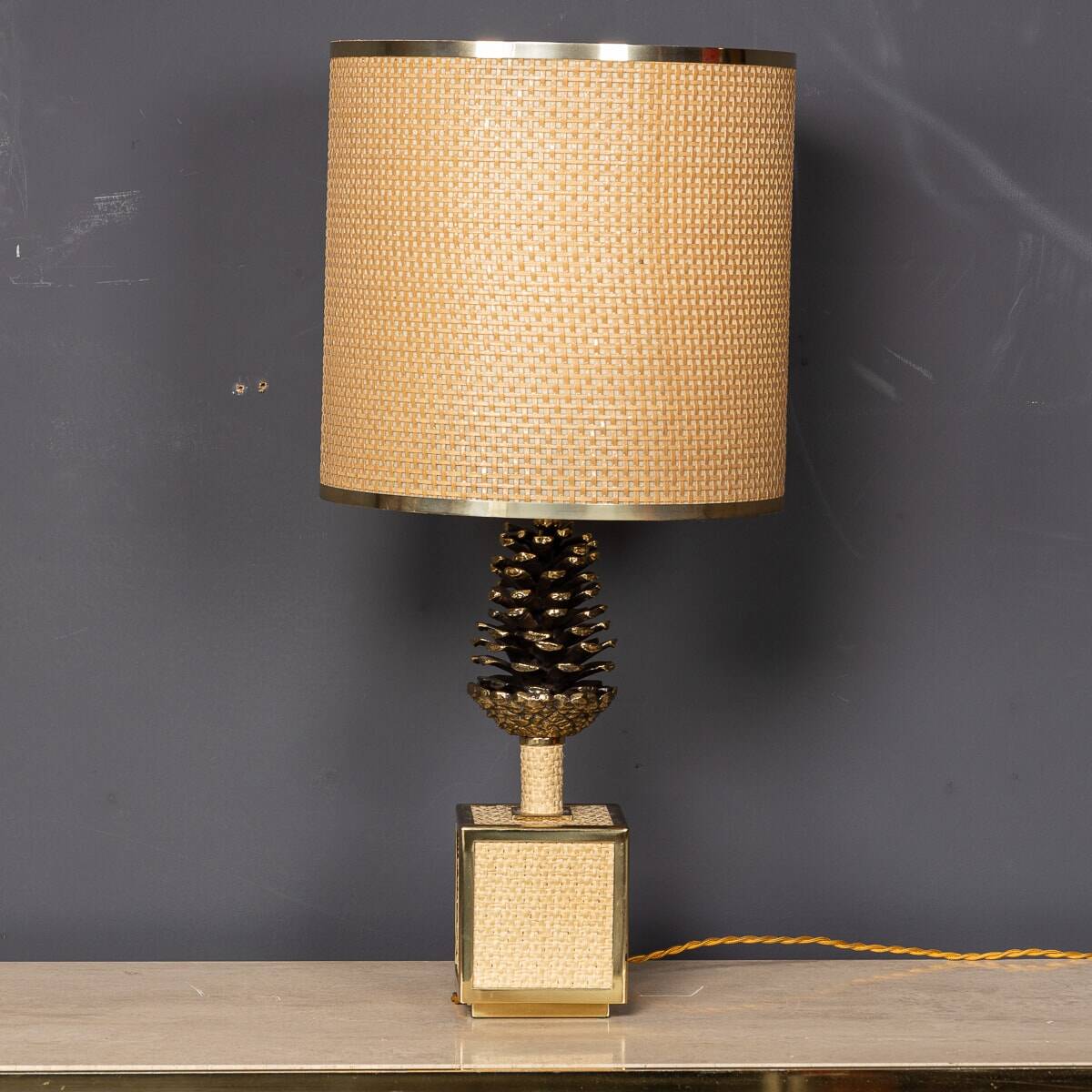 A vintage 20thc italian bergere lamp with pine cone detailing c.1970