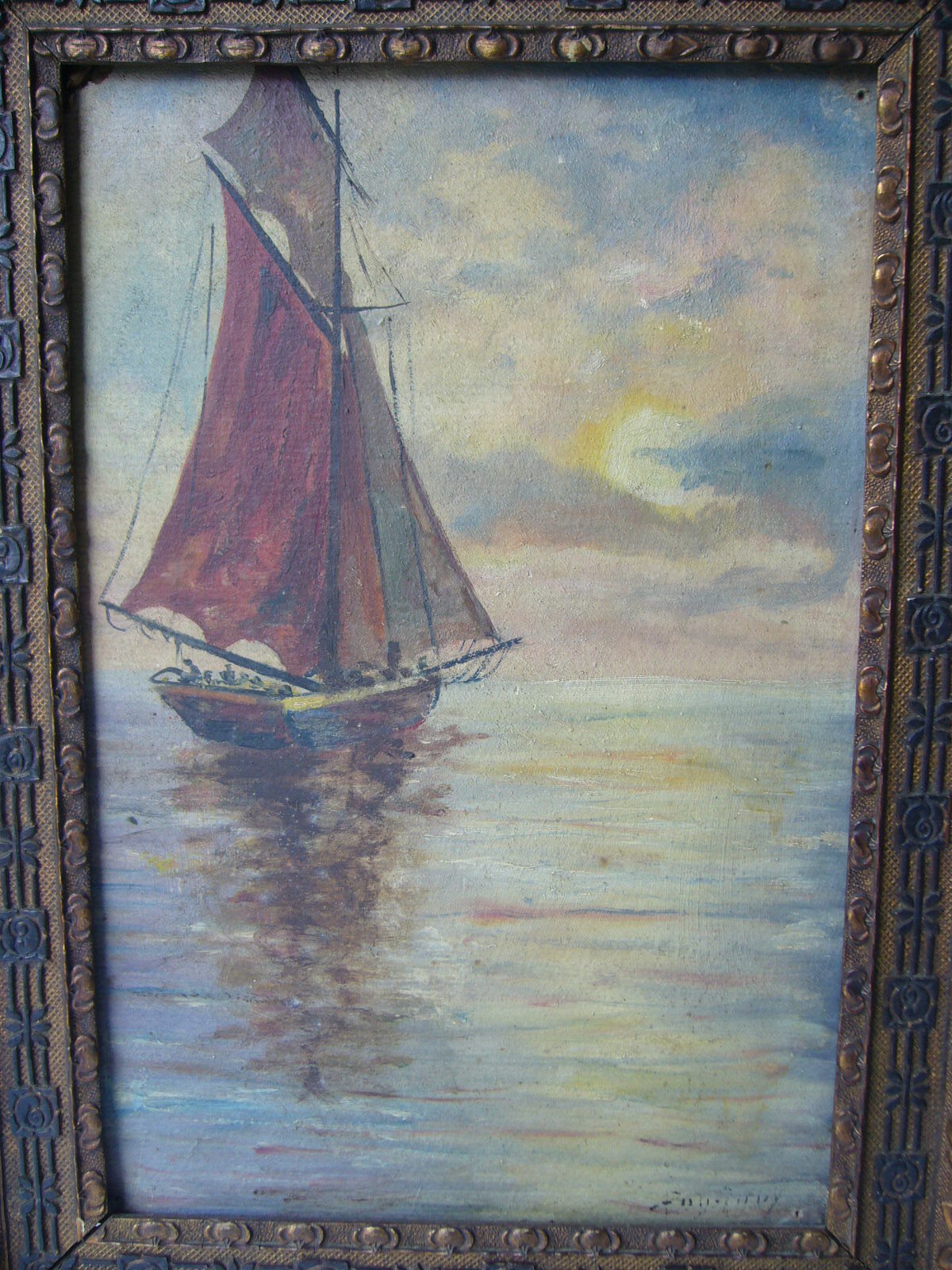 Painting depicting a boat painted in oil on cardboard framed, signed