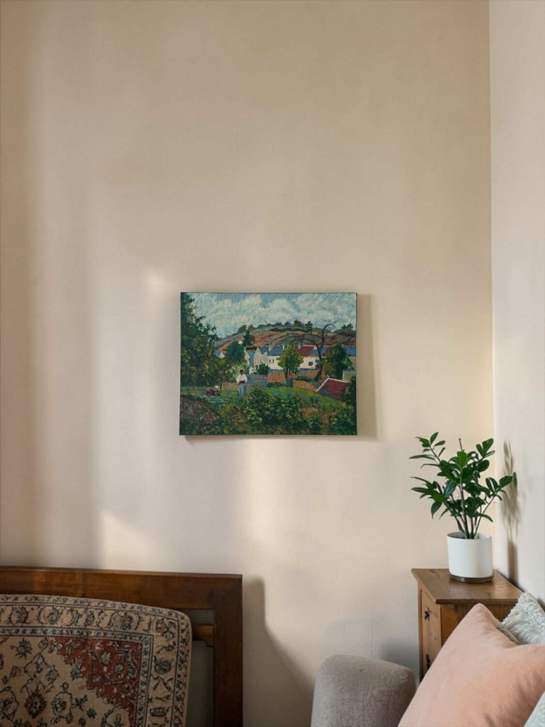 Painting on panel, countryside in spring.