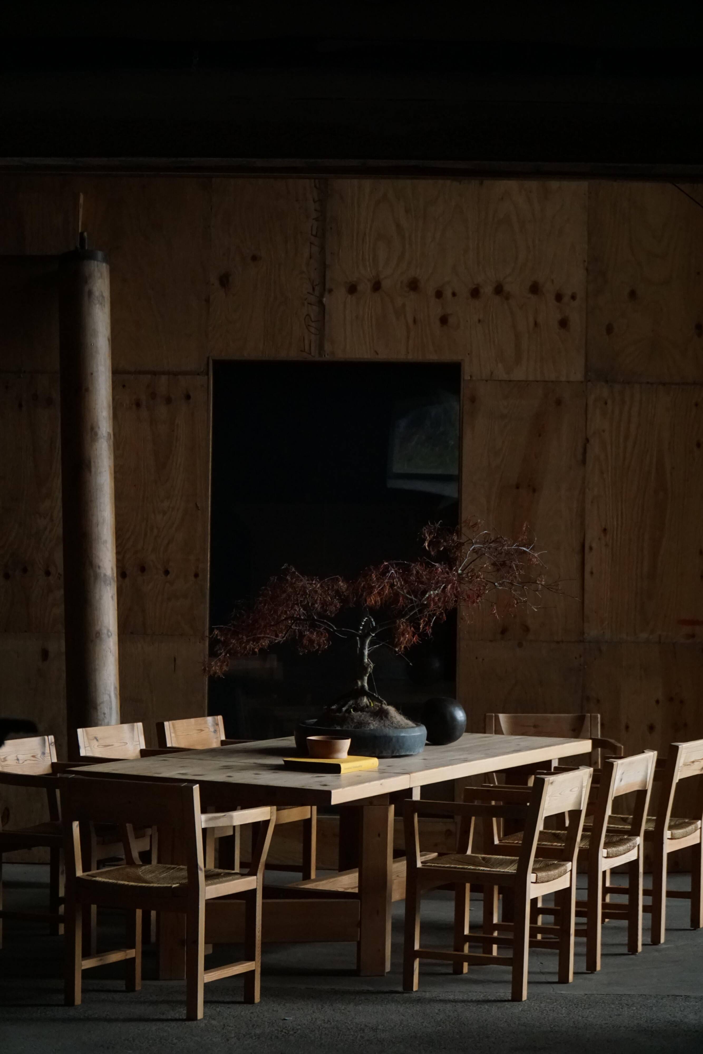 Set of 8 Danish dining chairs in pine and woven paper cord, Tage Poulsen, 1970s.