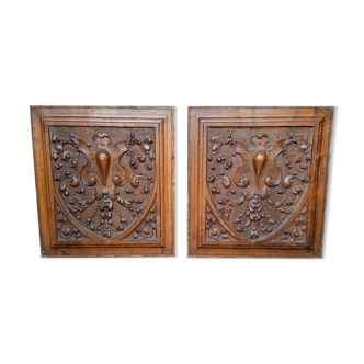 2 carved walnut woodwork panels early 20th century