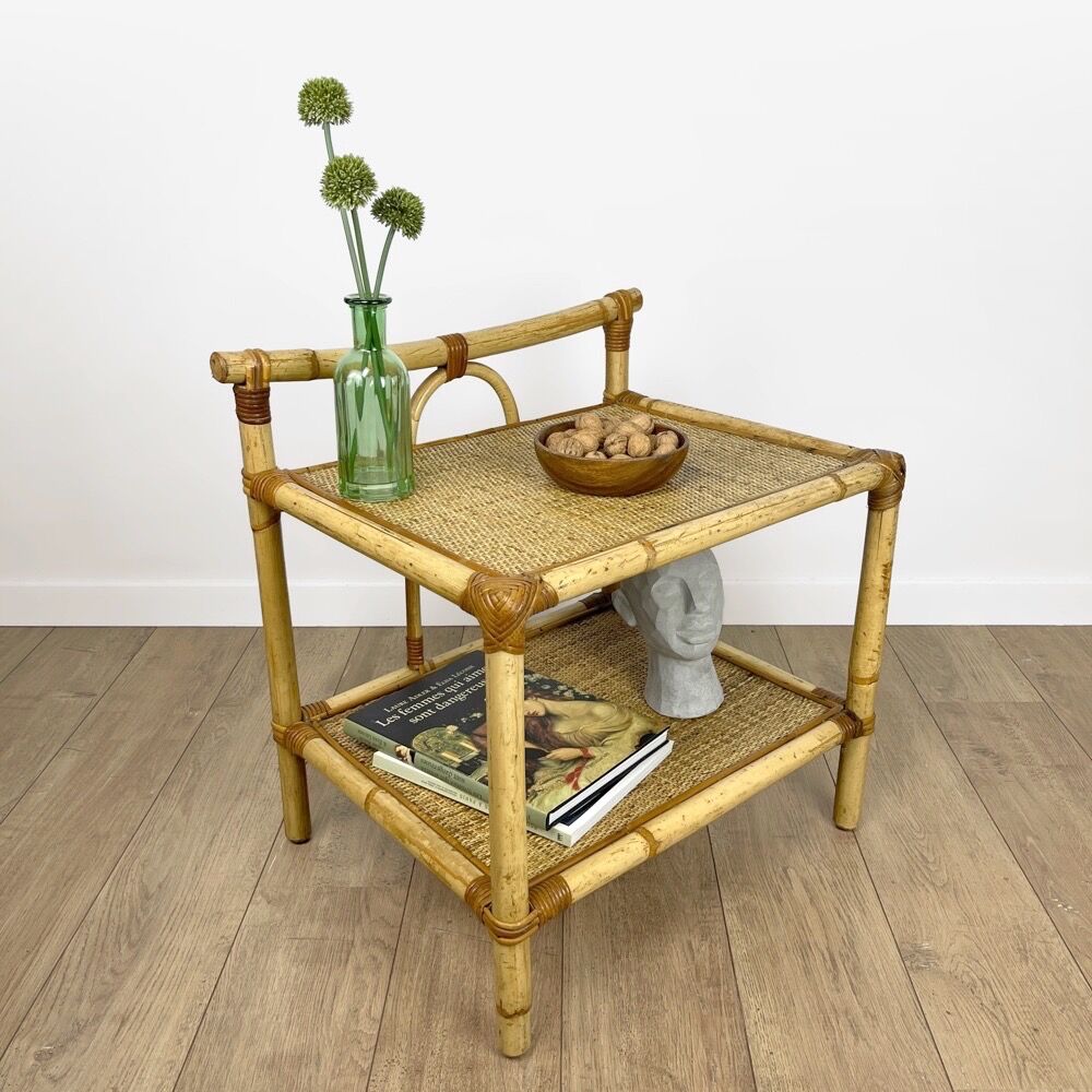 Vintage bamboo and woven straw side table