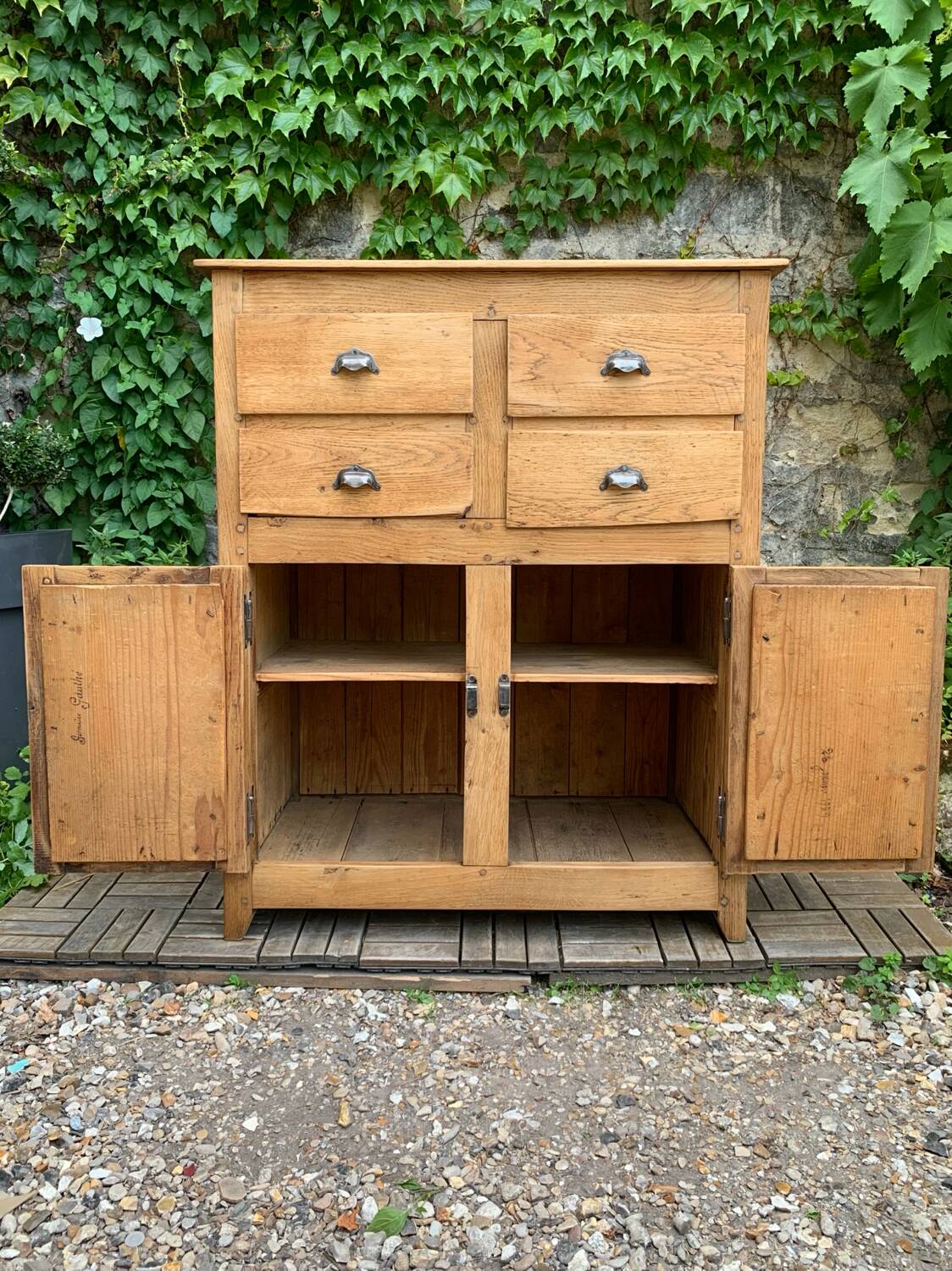 Parisian art deco sideboard in solid raw wood with pyrographed decorations, 1929