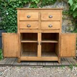 Parisian art deco sideboard in solid raw wood with pyrographed decorations, 1929