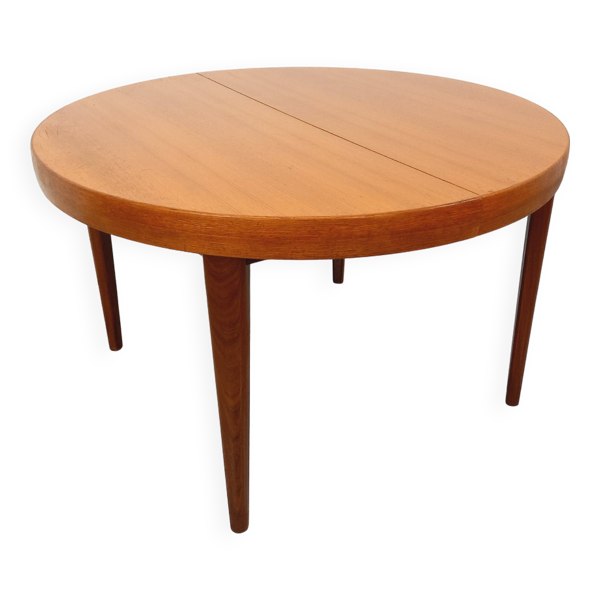 Grande table ronde scandinave vintage des années 50 60 en teck avec rallonges