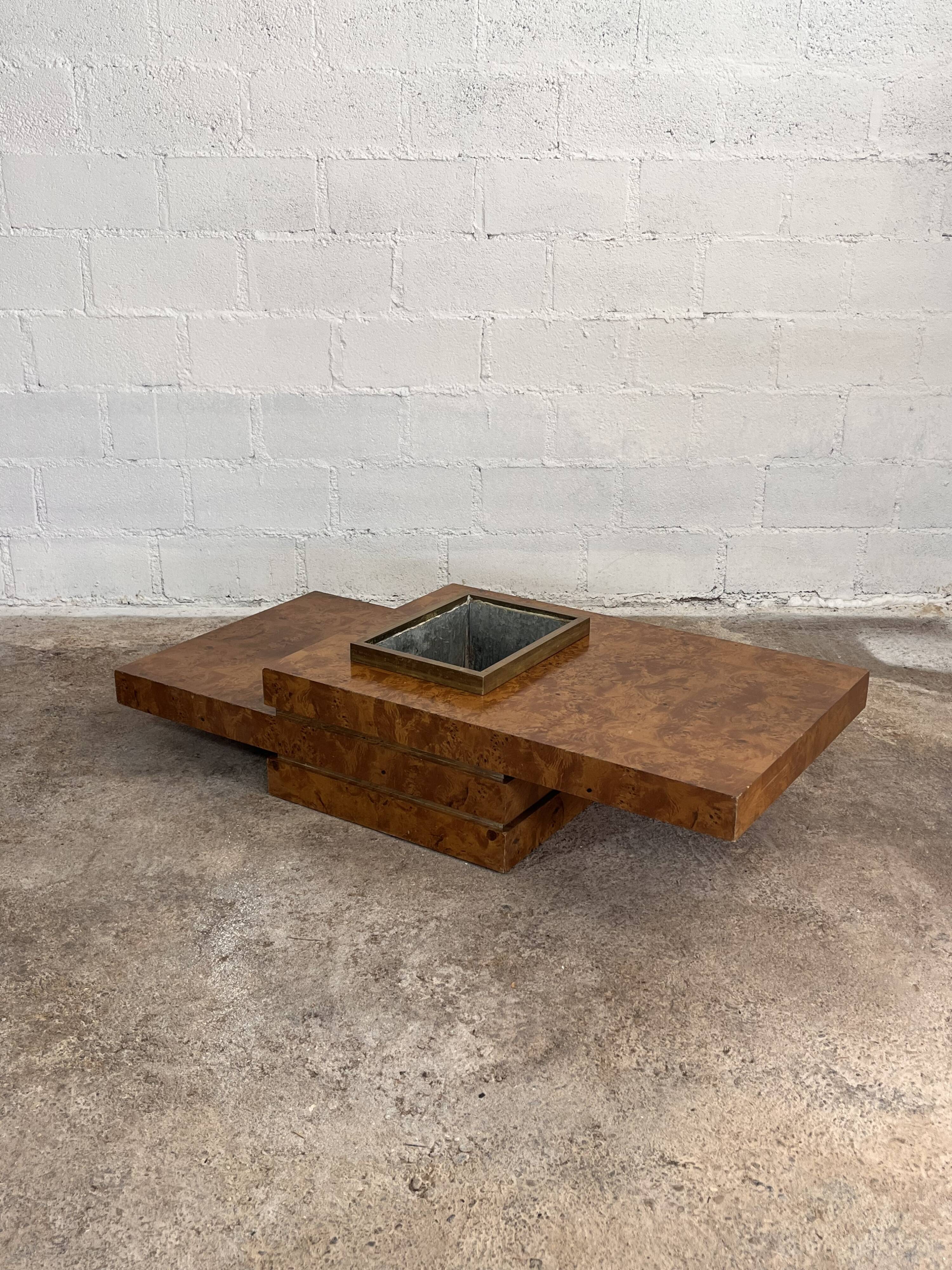 RocheBobois coffee bar table in elm burl and brass, 1970s