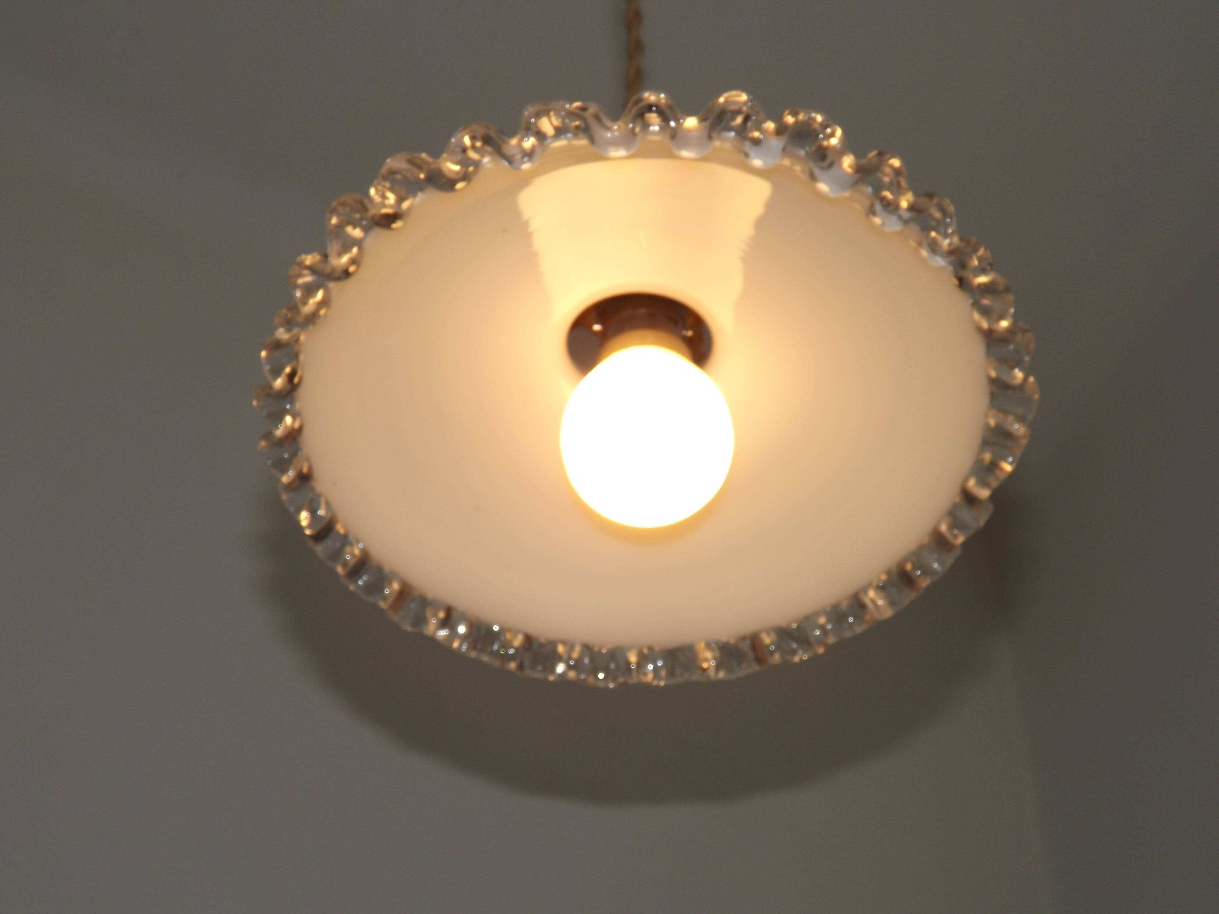 Vintage French Art Deco Opaline Glass Pendant Light Clear Frilled Edge