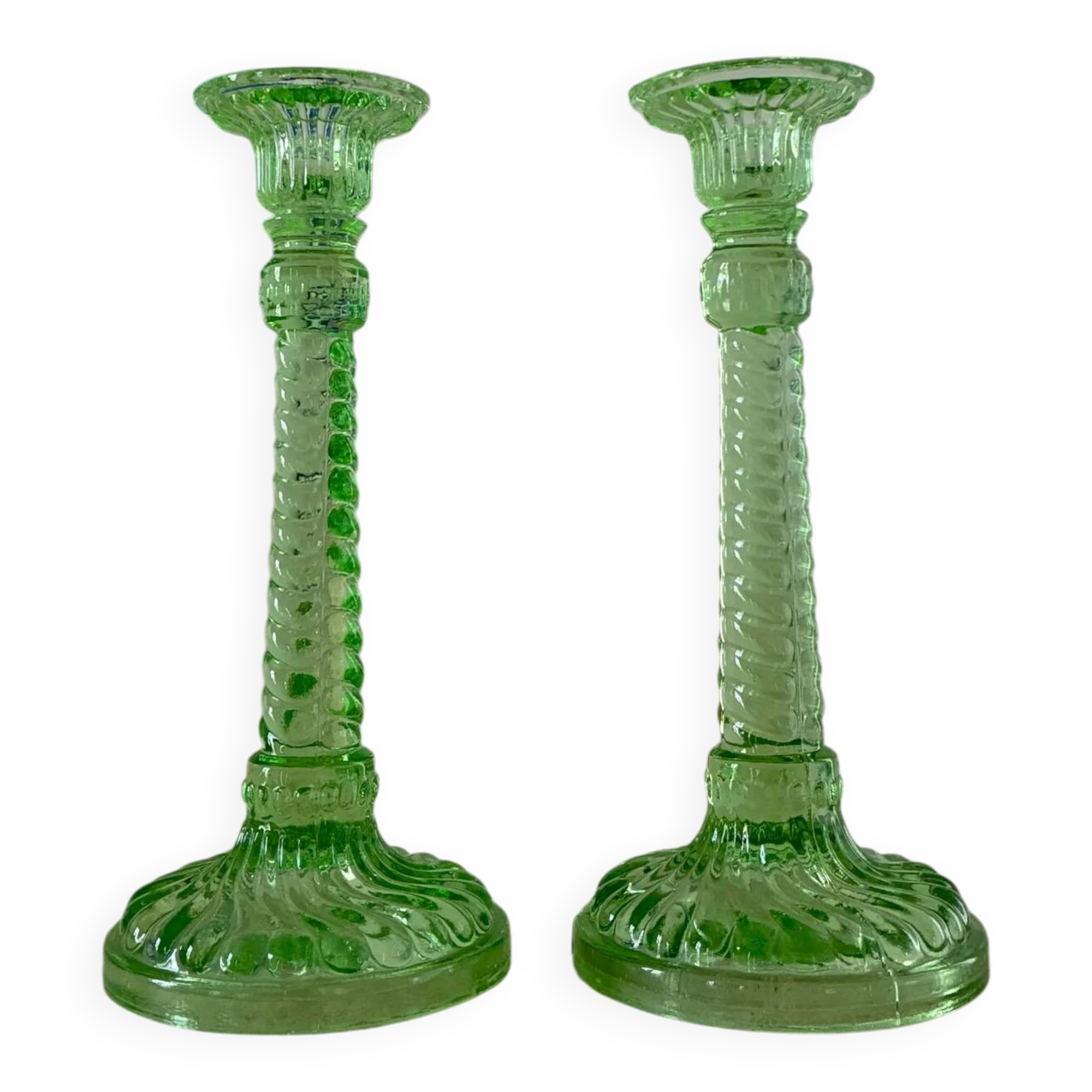 Pair of Scailmont green crystal candlesticks - 1920/1930
