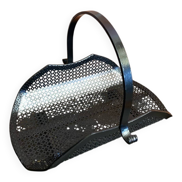 Porte Bûches Ancien Cheminée Fer Forgé + Tôle Perforé Noir Vintage #D6