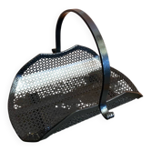 Vintage Black Perforated Sheet Metal Log Holder for Old Fireplace #D6