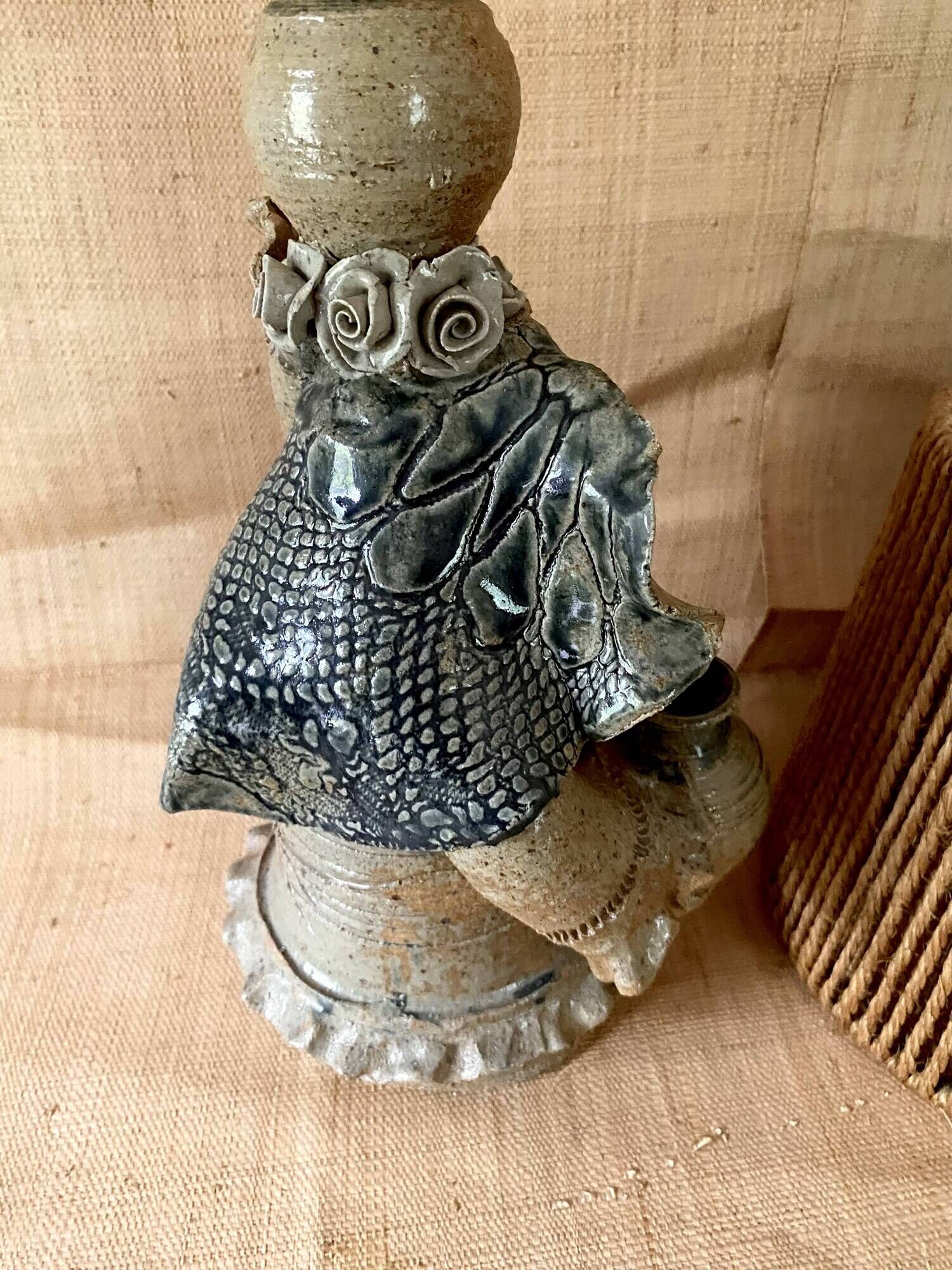 Lampe grès, câble tissu 2 M, abat-jour cordes  1960