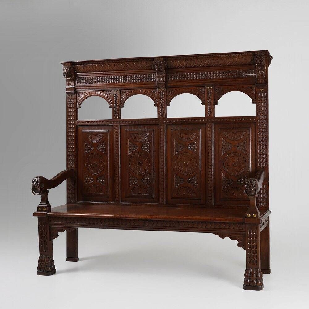 18th Century Gothic French Oak Carved High Back Panel Settle