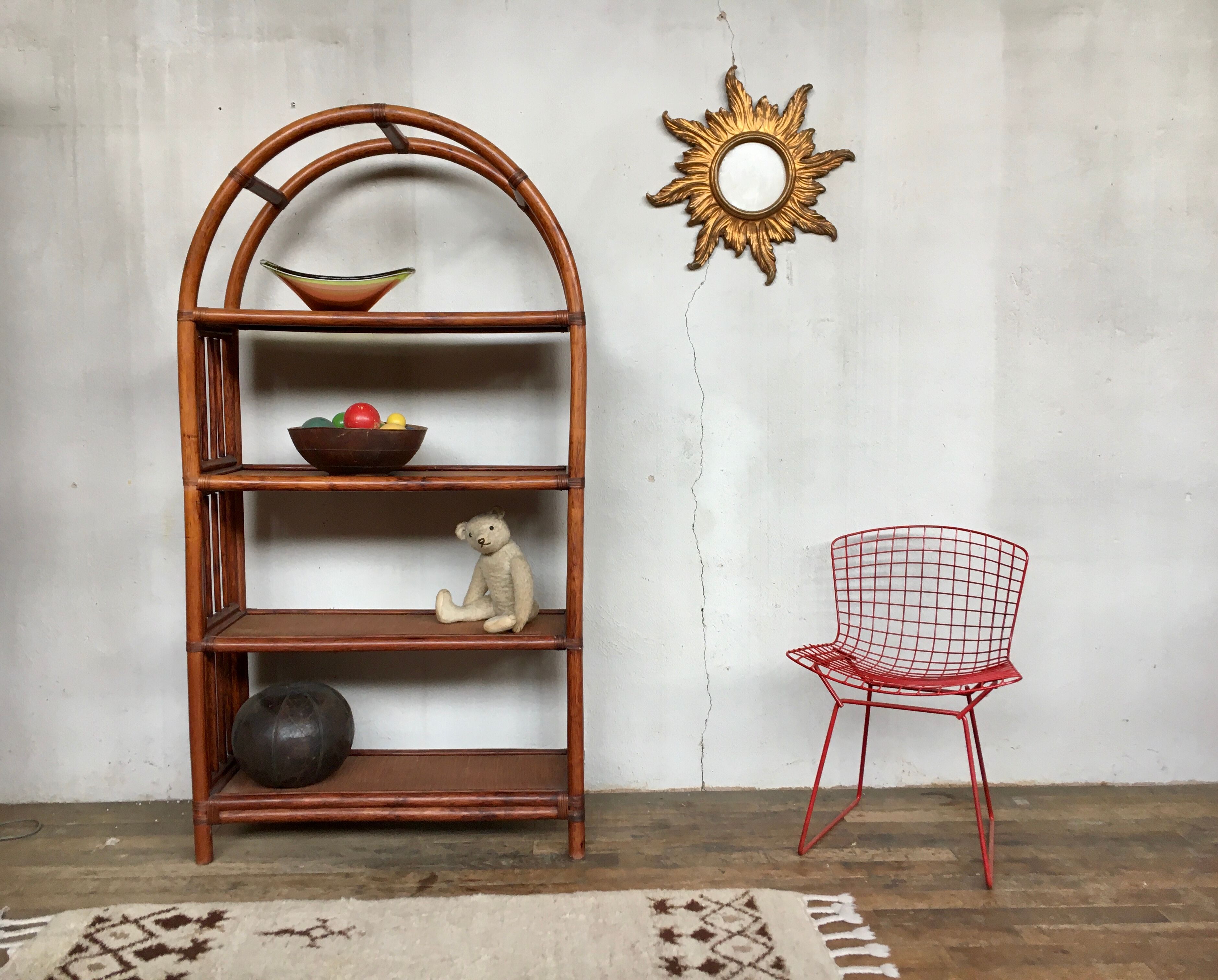 Etagère bibliothèque en rotin osier bambou naturel ancien 1950