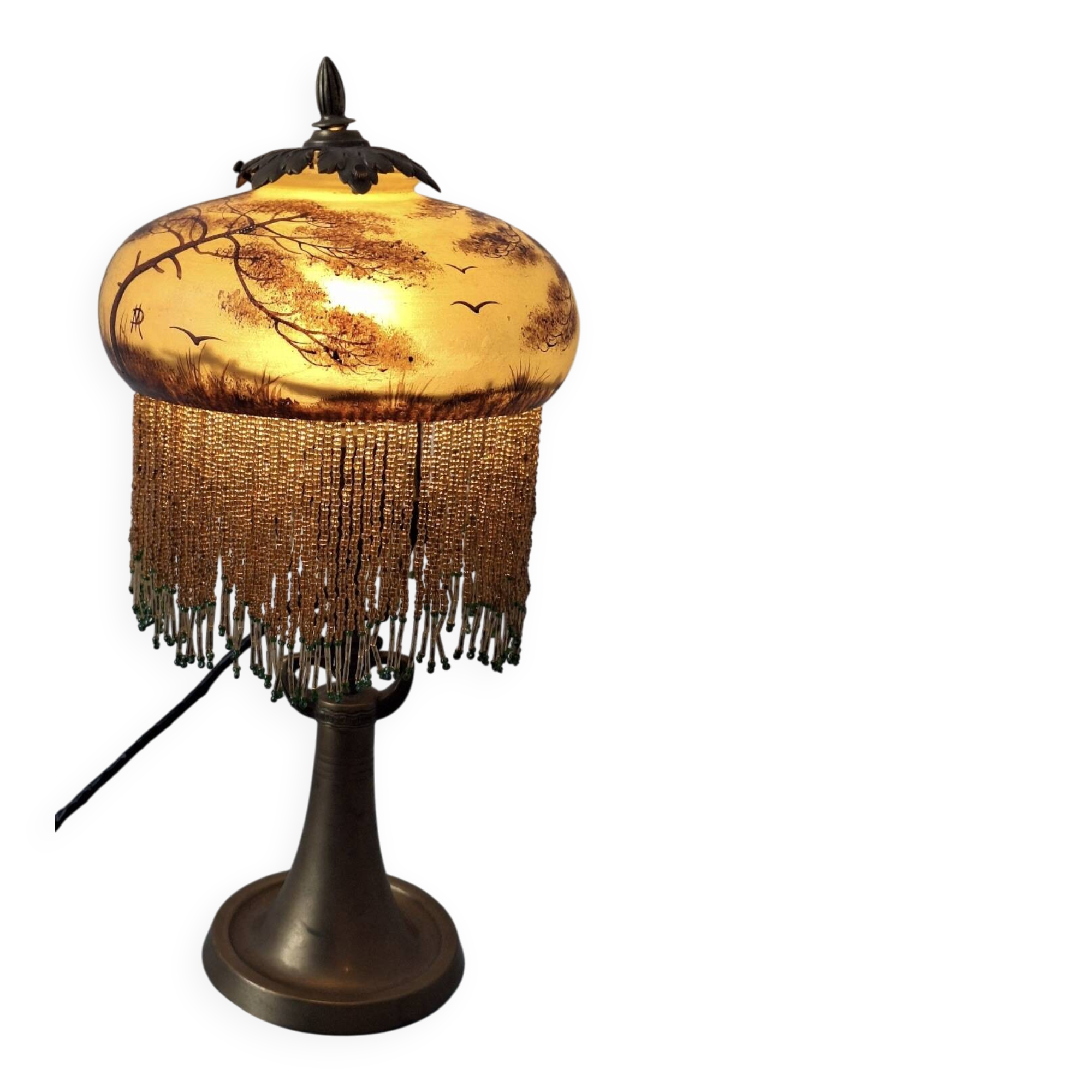 Antique signed reverse painted bronze table lamp, 1910-20