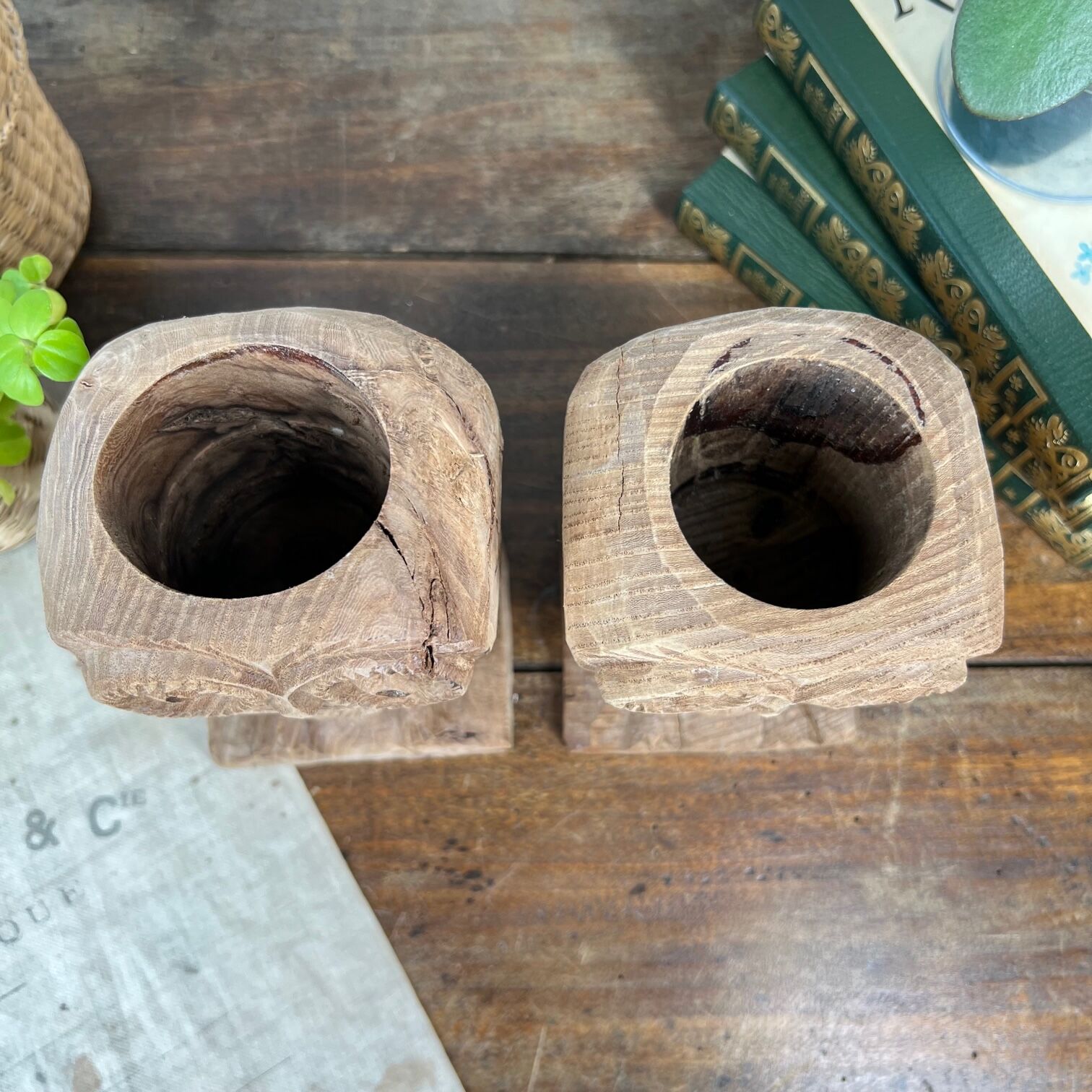Pair of wooden "owl" candlesticks