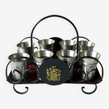 8 pewter liqueur cups on a wrought iron and metal tray, vintage from the 60s
