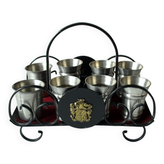 8 pewter liqueur cups on a wrought iron and metal tray, vintage from the 60s