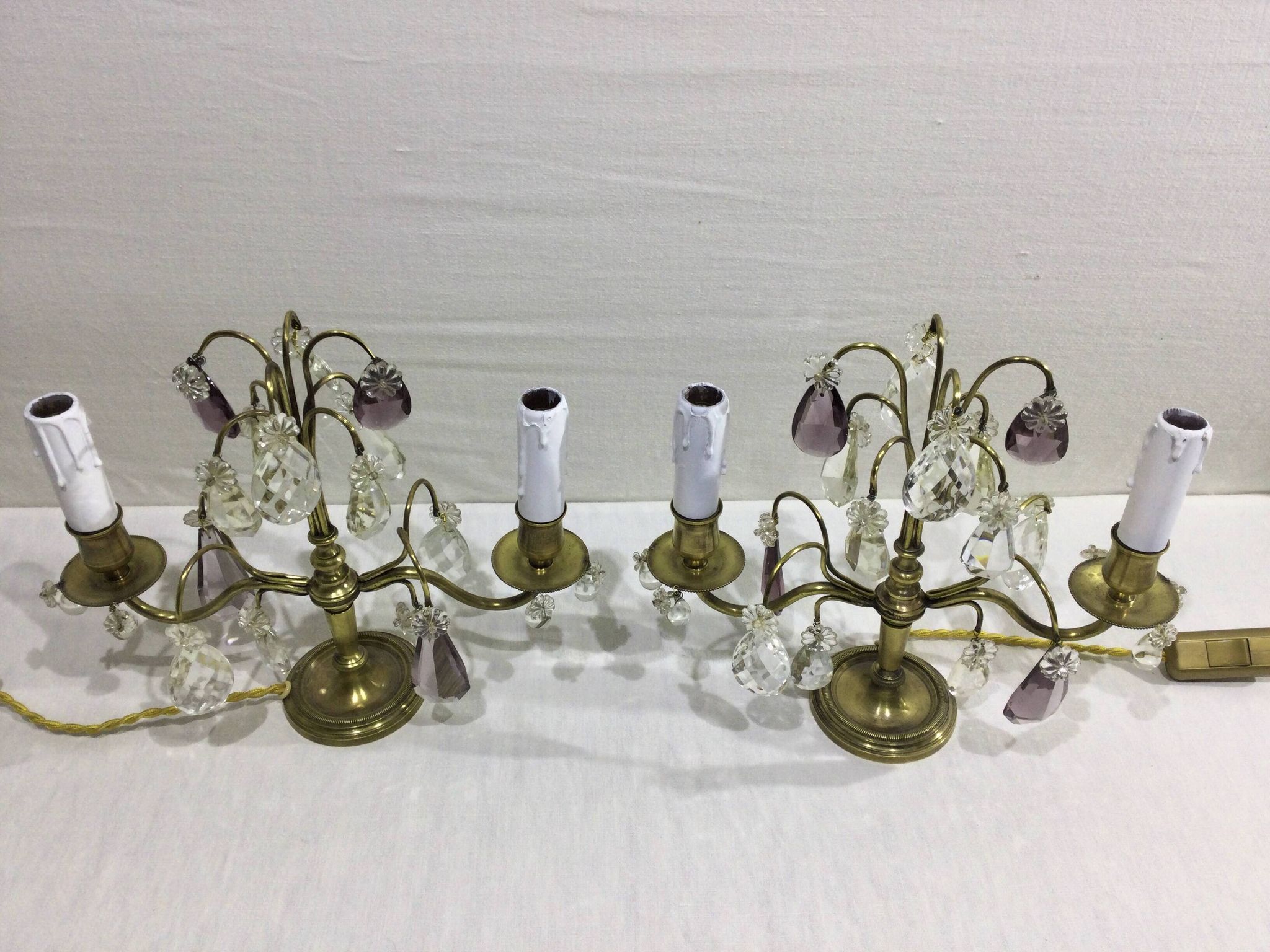 Pair of girandole lamps in bronze and crystal