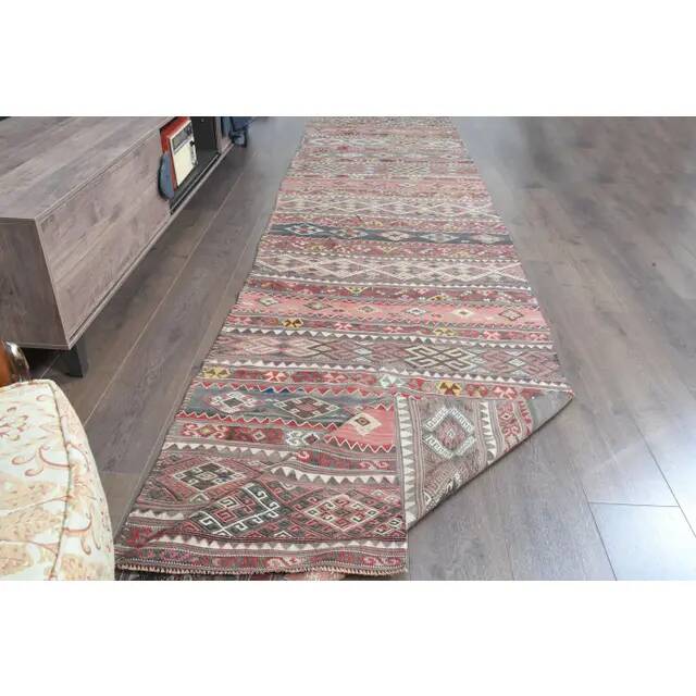 1970s Turkish Oushak Handmade Wool Cotton Brown Kilim Runner Rug 98x418