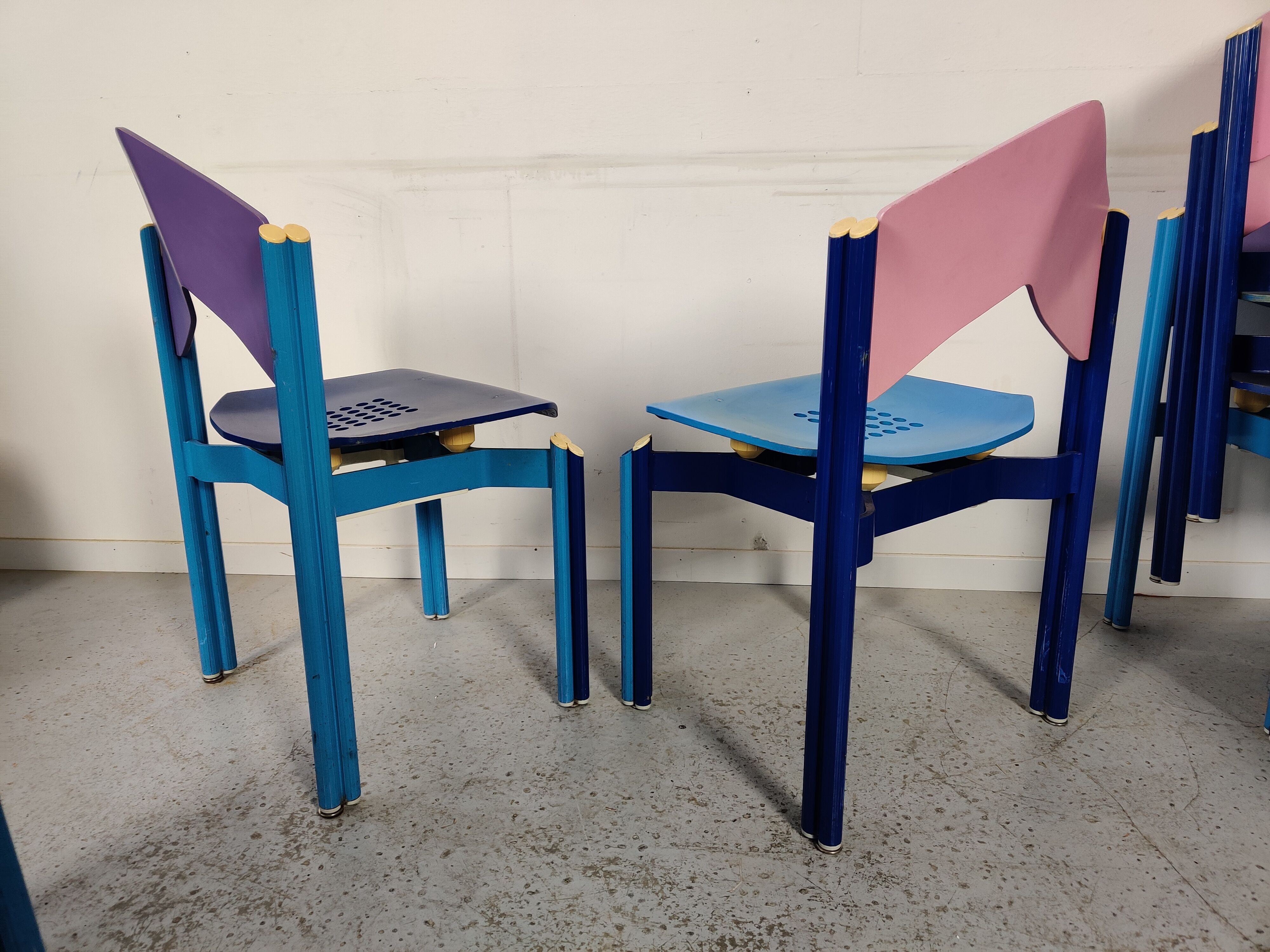 12 multicolored chairs wood and metal, 80s