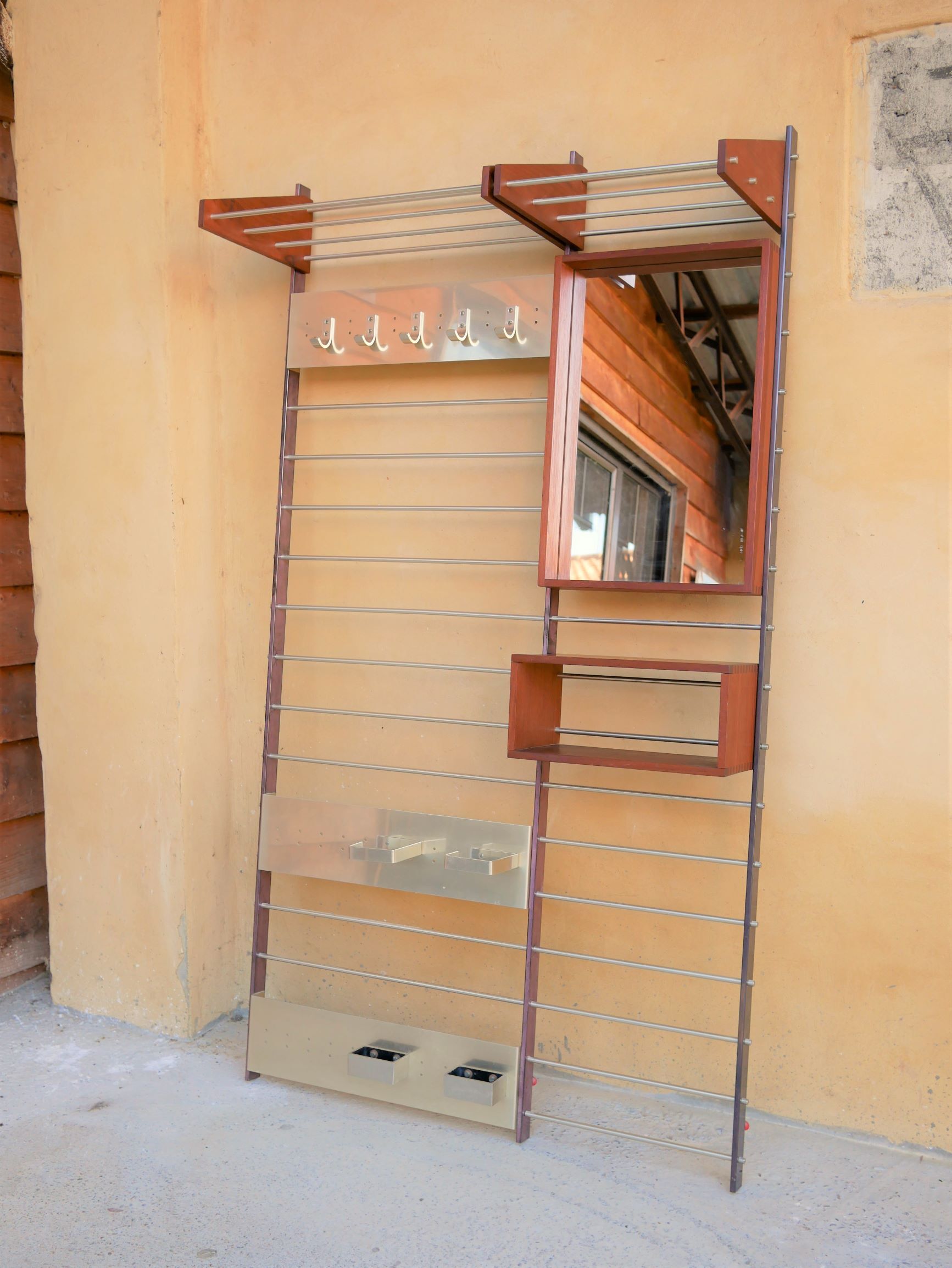 Vintage Scandinavian teak and aluminum coat holder