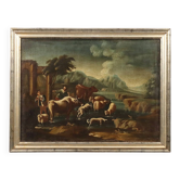 Ancient painting of a landscape with shepherds and herds, 18th century.