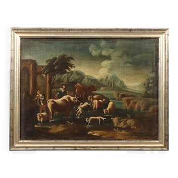 Ancient painting of a landscape with shepherds and herds, 18th century.
