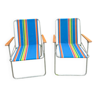Paire de fauteuils pliants de jardin en toile nylon vintage