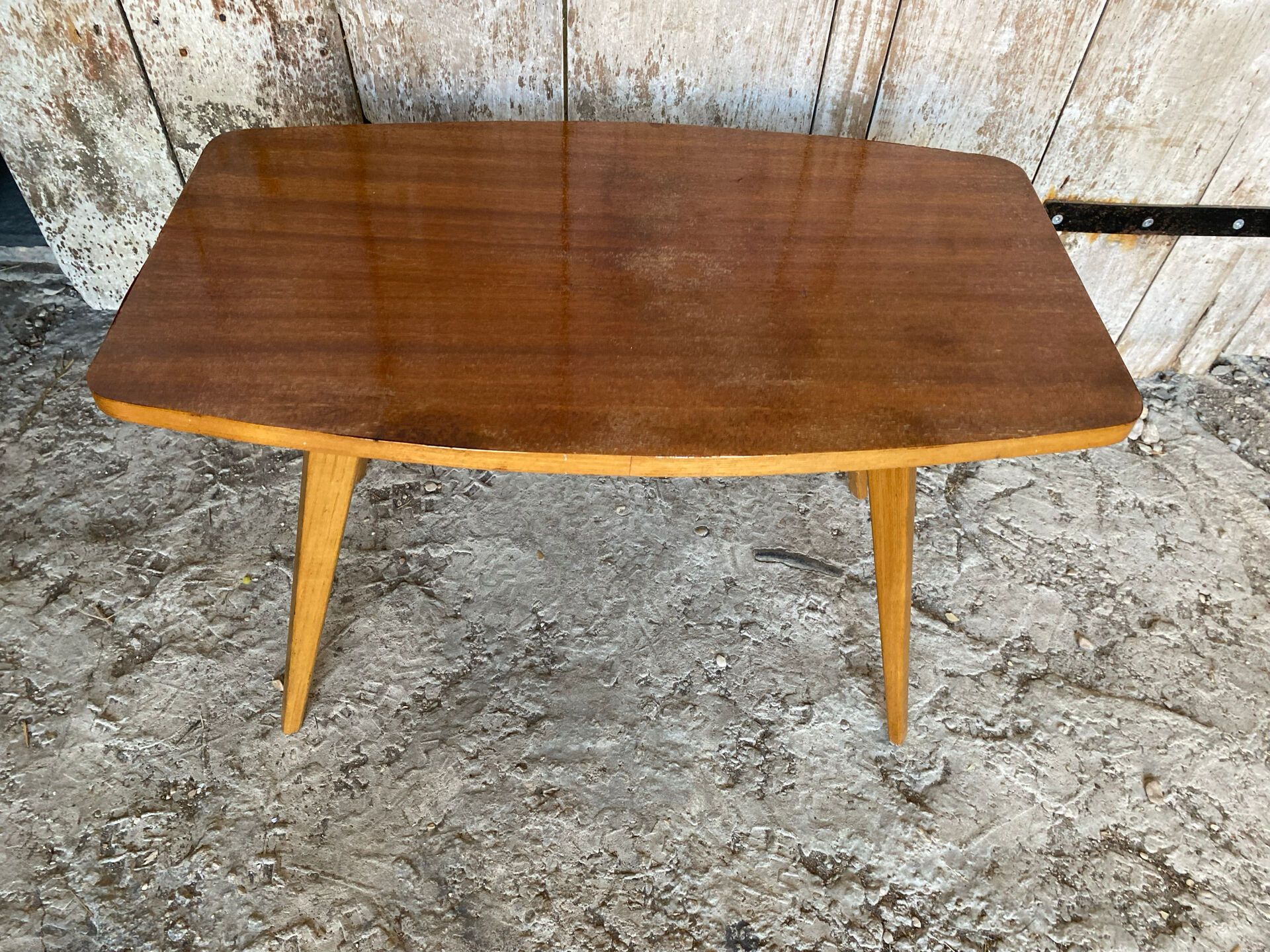 Table Basse Ancienne Scandinave Bois Pieds Compas Années 60 Vintage #E