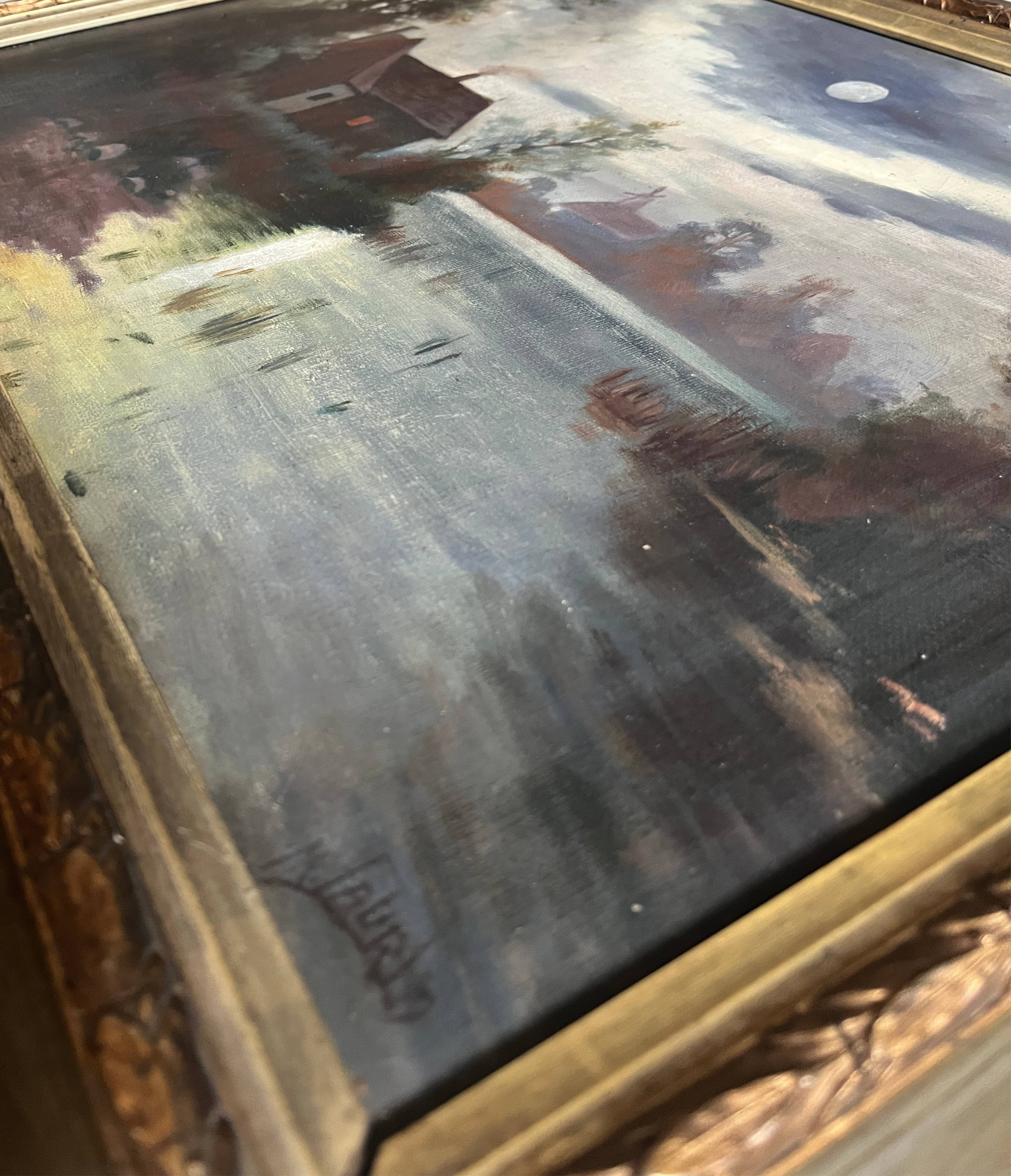 Pendant of HST painting "Landscape in the moonlight" signed + frame circa 1920