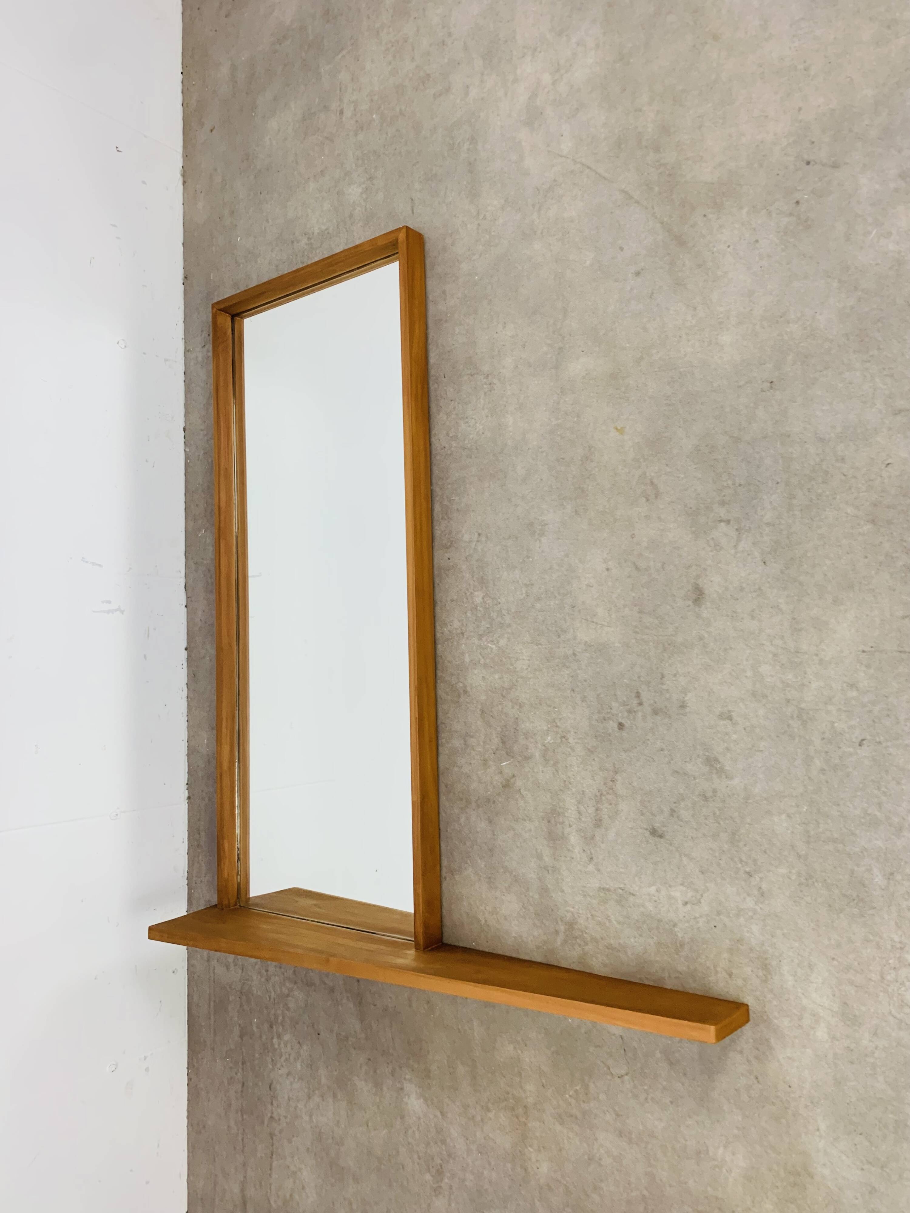 Scandinavian mirror with asymmetrical shelf in wood, 1960s