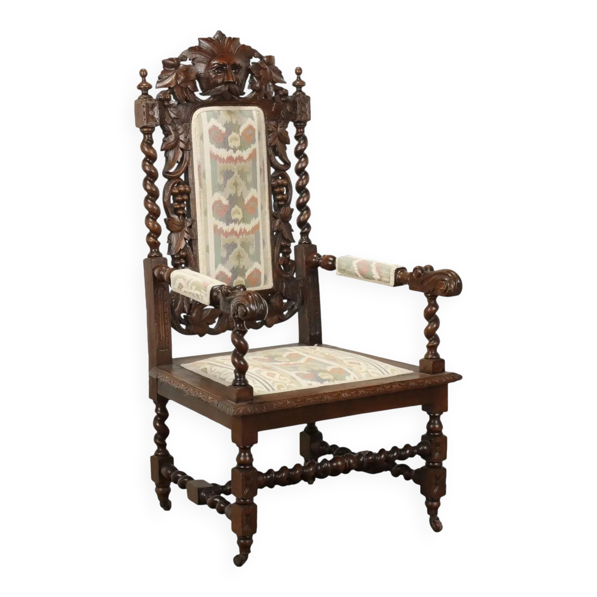 Antique Neo-Renaissance armchair in oak and fabric, 19th-20th century.