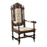 Antique Neo-Renaissance armchair in oak and fabric, 19th-20th century.