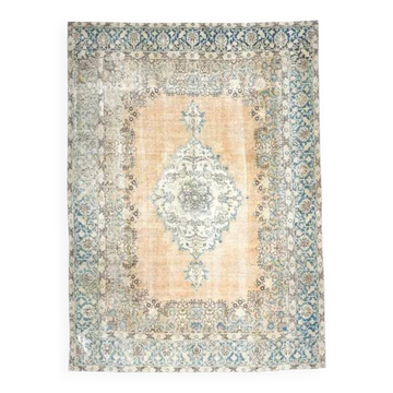 Tapis persan fait main en laine et coton bleu 270x368 des années 1970