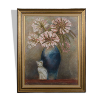 Aquarelle sur papier nature morte fleurs et statuette de chat xxe