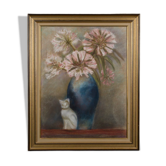 Watercolor on paper still life flowers and statuette of cat xxth